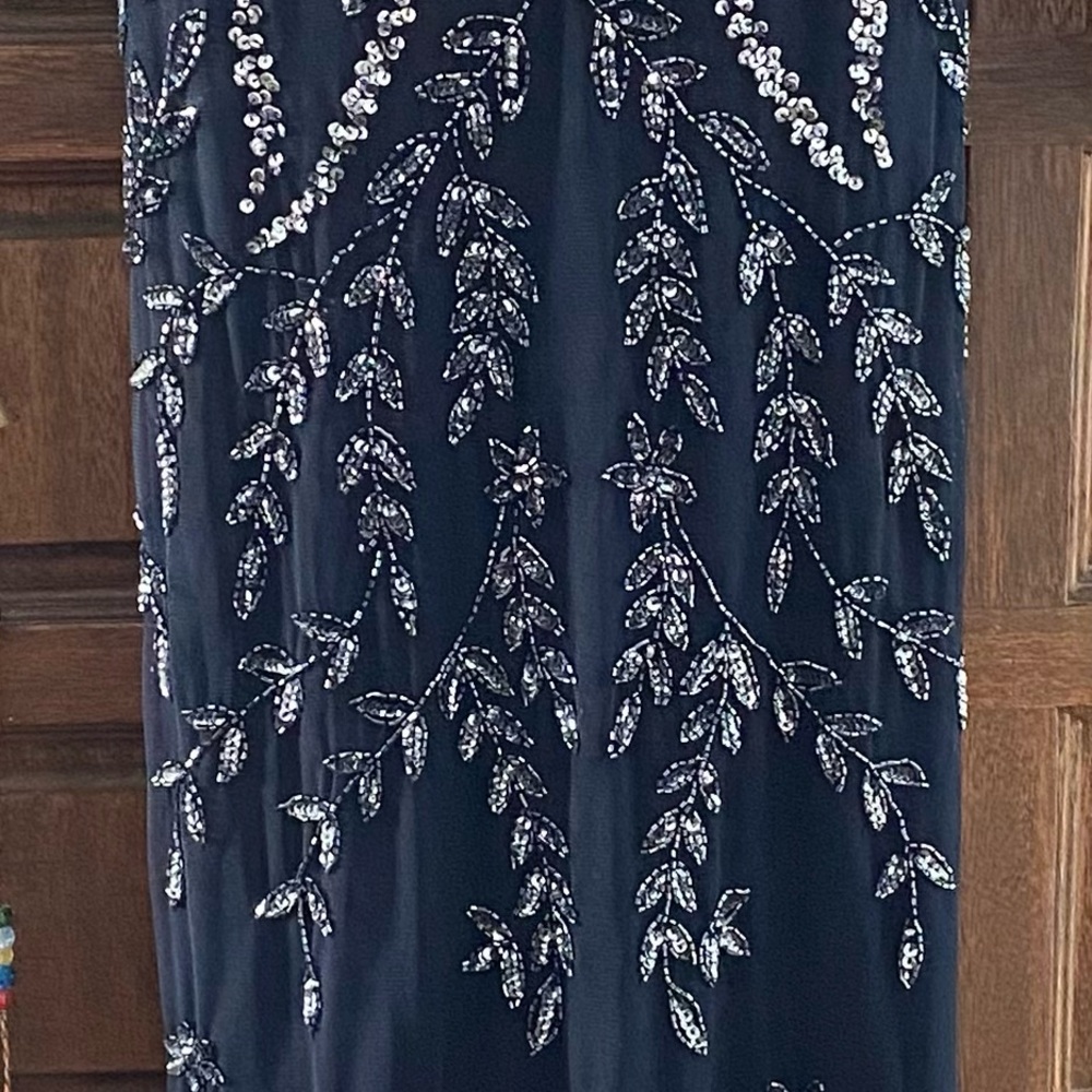 MARINA Midnight Blue Gown with Silver Beaded Leaf Design - Picture 7 of 8